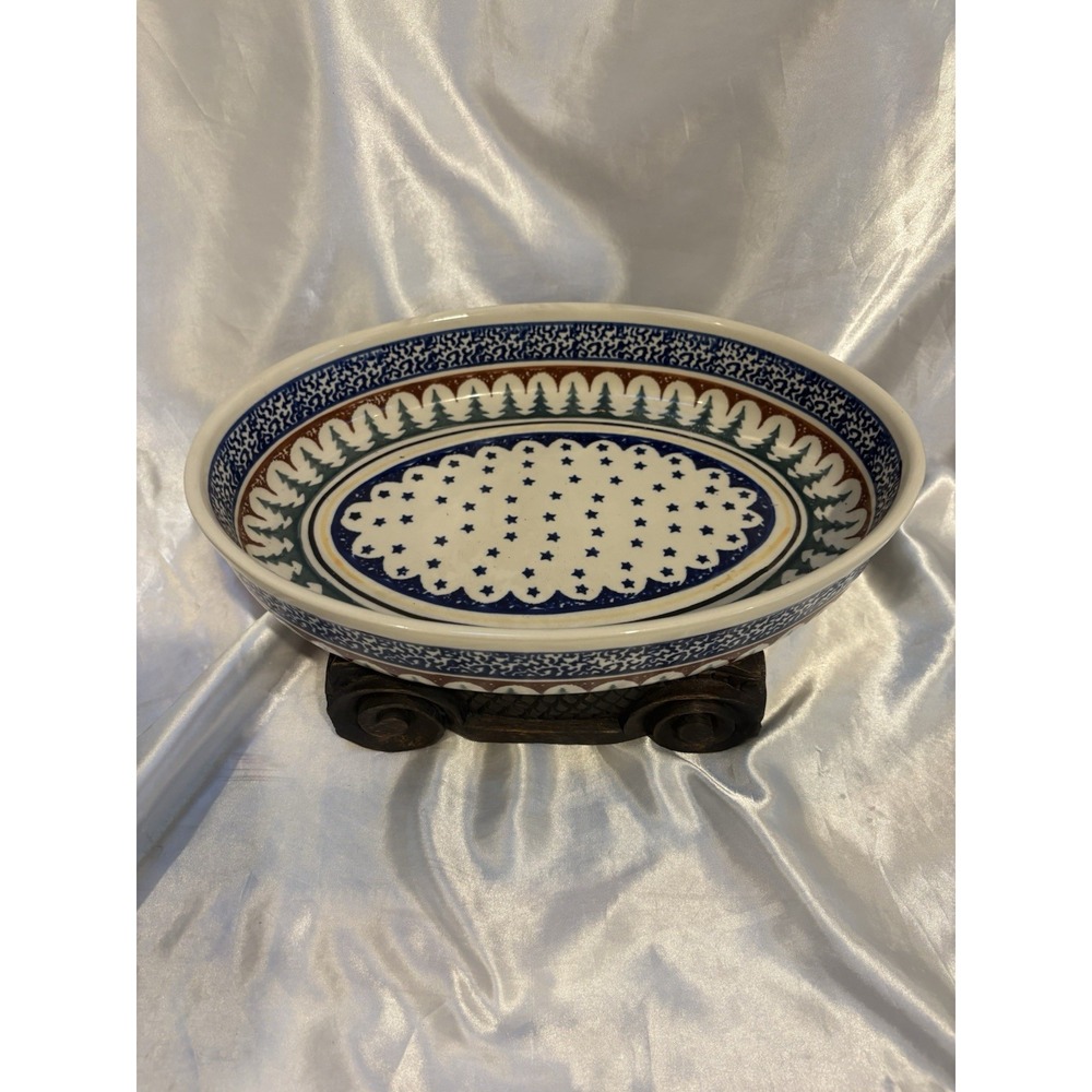 Polish Pottery Boleslawiec Oval Casserole Baking Dish Christmas tree 13.5" wide